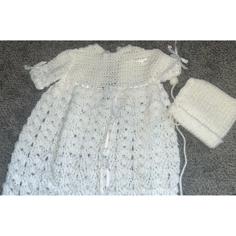 Vintage Hand Crochet Baby Christening Gown Bonnet White 29in Heirloom